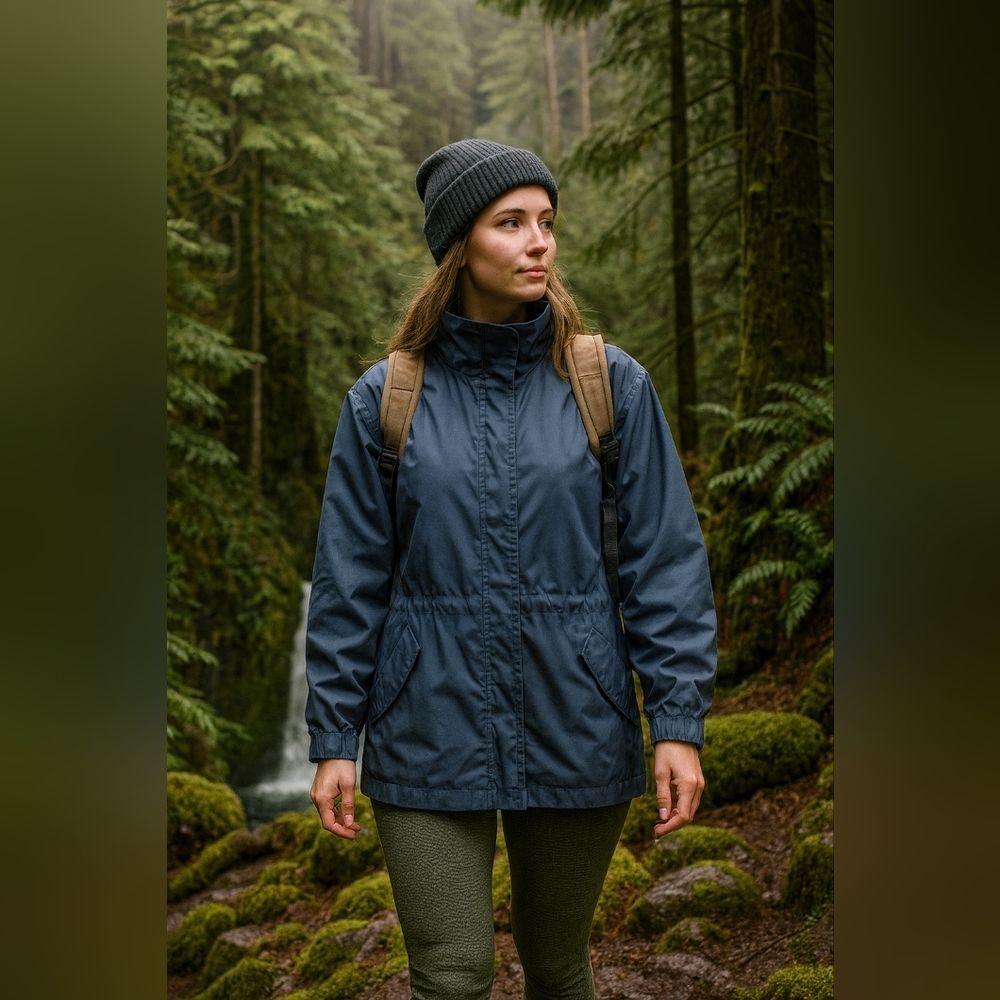 Jacket M Nylon Windbreaker Blue Zip/Snap Front Pockets Drawstring Rain Coat